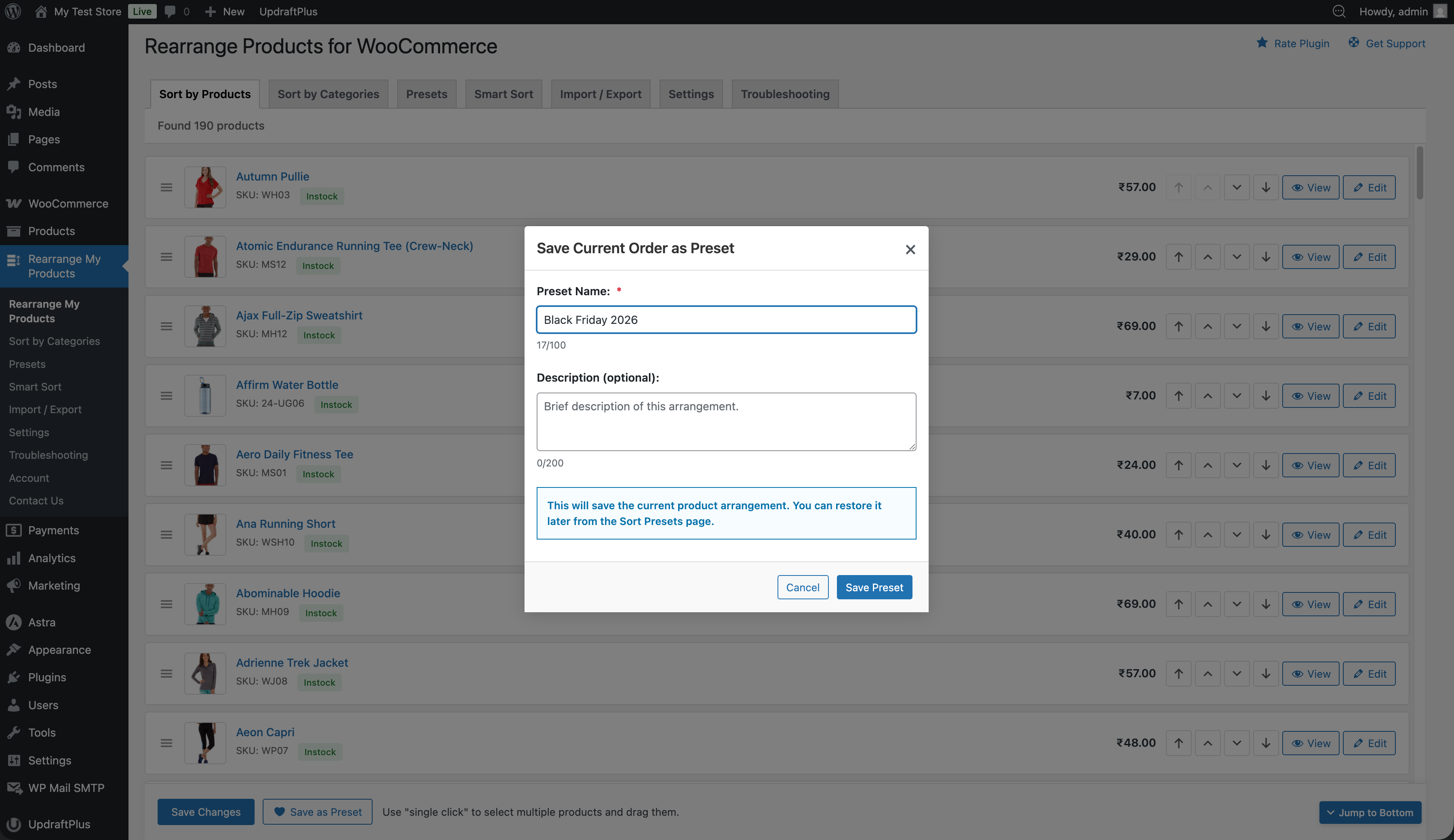 Sort Presets management